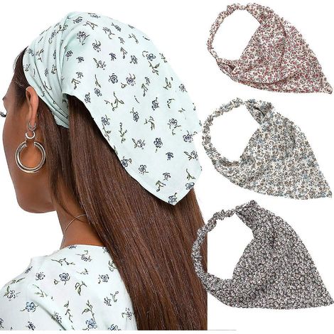 Set aus 3 elastischen floralen Bandanas, Schals, Stirnbändern, Chiffonschals mit Blumenmuster, Boho-Turbanen, Stirnbändern mit Haarspangen für Damen - C (1/5)