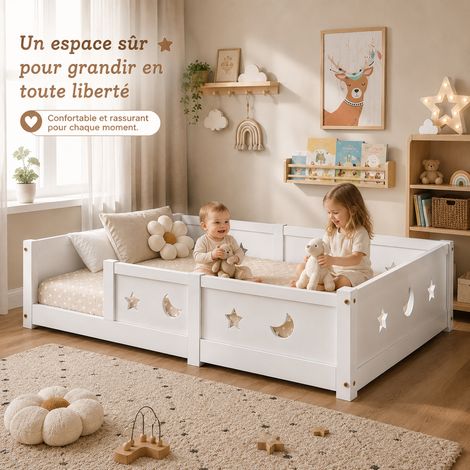 Lit enfant 140x200 avec sommier, Lit Montessori au Sol avec Barrière, Lit à Barreaux Étoiles et Lunes, Bois Massif de Pin, Jusqu’à 230 kg, Montage Facile, pour Garçon et Fille