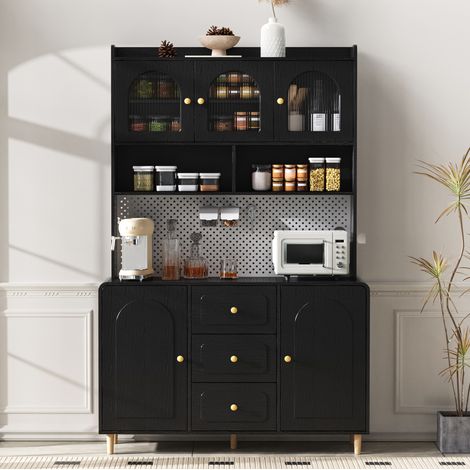 REDOM - Buffet haut 120x40x190 cm, grand rangement, étagères réglables, tiroirs, panneau perforé, MDF noir (1/5)