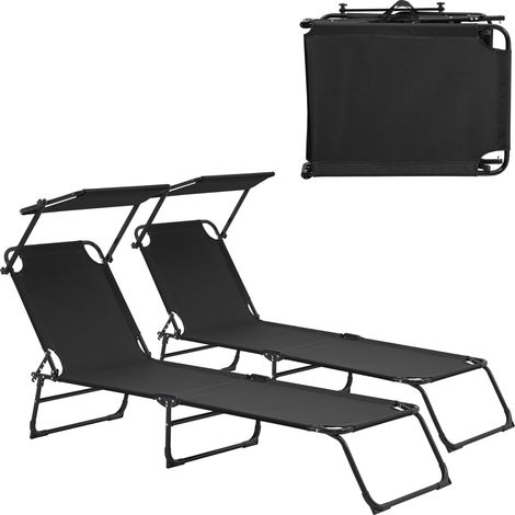 Lot de 2 transats pliable 190 cm avec toiture pare-soleil de relax acier noir