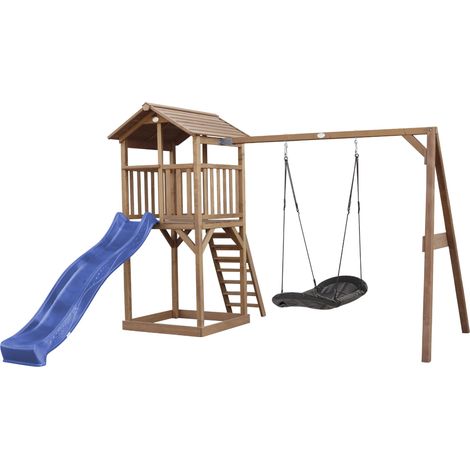 Axi Beach Tower Aire De Jeux Avec Toboggan En Bleu,  Balançoire Nid D'Oiseau Noir & Bac À Sable  Grande Maison Enfant Extérieur En Marron  Cabane De Jeu En Bois Fsc
