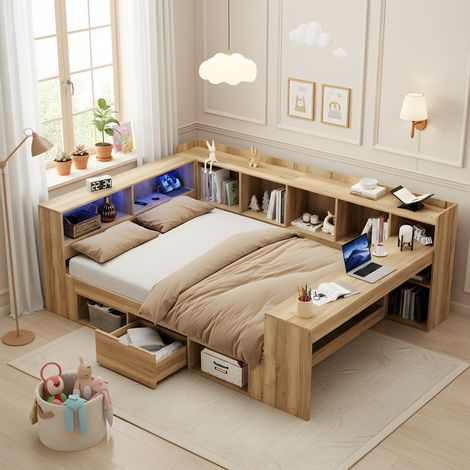 Lit enfant rangement 140 x 200cm LED USB et bureau, structure bois forme L avec étagères et tiroirs
