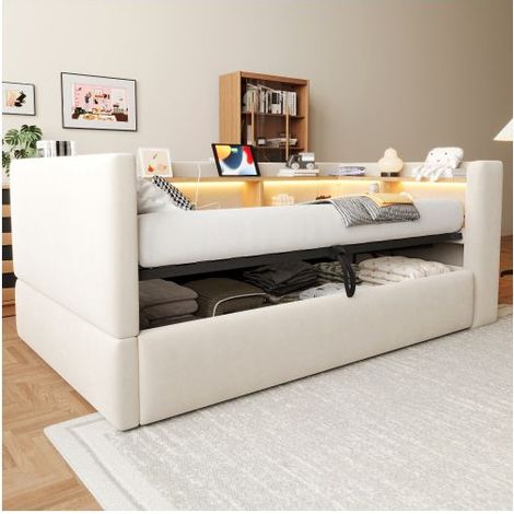 Canapé-Lit Rembourré 90x200 cm avec LEDs - Lit Rangement - Prises USB, Étagères, Velours Beige et Coffre Hydraulique Ultra Spacieux. (1/5)