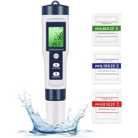 PH TDS Meter, testeur de qualité de l'eau 5 en 1 PH/TDS/EC/SEL/température TDS mètre LCD rétroéclairage vert pour piscine/aquarium/étang (1/5)