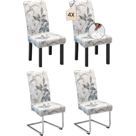 Lot de 4 housses de chaise - Motif feuilles grises - Élastiques - Lavables - Pour salle à manger, mariage, fête - Moderne - Ajustement universel (1/5)