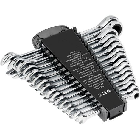 Clé mixte à cliquet, 16 pièces, acier Cr-V, métrique 8-24 mm, avec support de rangement, idéale pour maison, garage, atelier et réparations auto. (1/5)