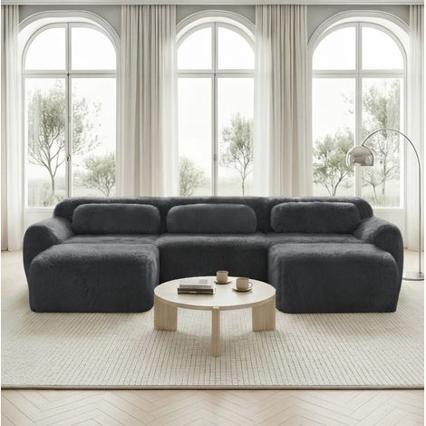 Divano modulare a U grigio in tessuto plush con base antiscivolo e cuscini (1/5)
