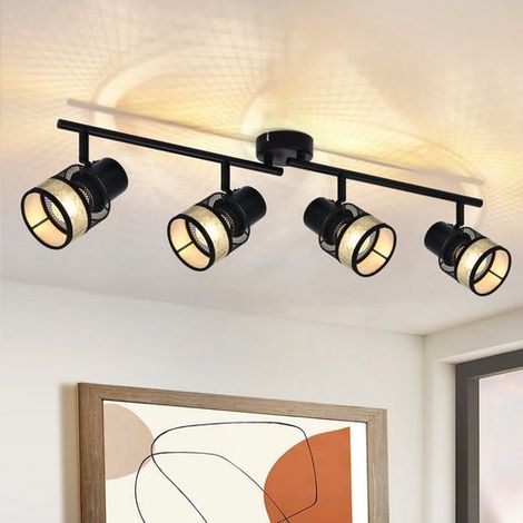 GBLY Deckenstrahler 4 Flammig Vintage Deckenleuchte - Deckenspot Schwarz LED Metall E27 330°Schwenkbar Deckenlampe Gold Stoffschirm für Wohnzimmer Schlafzimmer Küche Treppe Esszimmer Max.25W