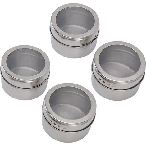 Lot de 4 pots à épices magnétiques en acier inoxydable transparent avec couvercles verseurs et tamis, pour assaisonner vos épices. (1/5)