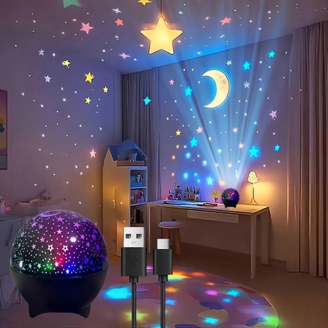 Lámpara de proyección de estrellas de 7 colores, luz nocturna USB con patrones de luna y estrellas, proyector de galaxia fantástica para dormitorio, sala de juegos, sala de estar, regalo navideño (1/5)
