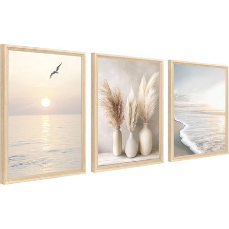 3Pcs Cadre en bois Impression sur Toile Plage Côtière Vague de Mer Tableau Peinture Boho Herbe de la Pampa Océan Tableau Decoration Murale Salon Chambre Maison 90x40cm(12"x16"x3pcs) (Pas de plexiglas) (1/5)