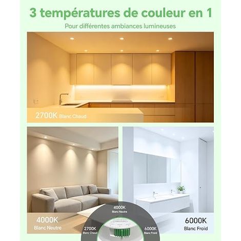 Spot LED Encastrable Extra Plat 5W 480LM, Spot LED Encastrable 68mm-80mm, Blanc Chaud 2700K Blanc Neutre 4000K Blanc Froid 6000K Réglable, IP44 Spots de Plafond LED Salle de Bain (1/4)