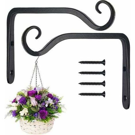 Paquet de 2 crochets suspension muraux noirs, XU, Supports panier suspendu forgé métal, Support pour mangeoires à oiseaux/plantes/lanternes/carillons éoliens (avec KZQ - KZQ