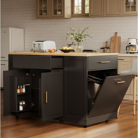 MEUBLIV isola da cucina con ruote 120x50x92 cm nera con vano pattumiera e contenitori (1/5)