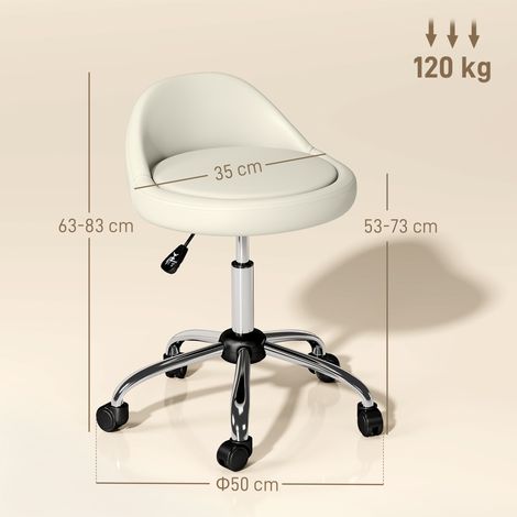 Tabouret de travail pivotant, tabouret à roulettes, réglable en hauteur, assise pivotante, 50 cm x 50 cm x 83 cm, blanc (1/5)