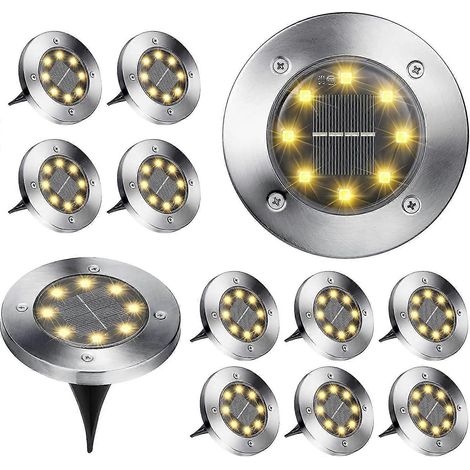 Lot de 12 lampes solaires d'extérieur pour jardin, 8 spots LED encastrés au sol, blanc chaud 3000K, étanches IP65, pour allée, terrasse et pelouse.