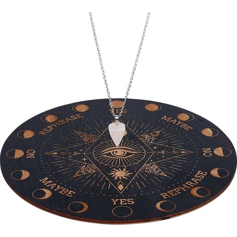 Pendule de sorcière, yeux, runes, planche planchette en bois, planche à message métaphysique de 7,9 pouces avec collier pendulaire en cristal pour débutants, accessoires d'autel de sorcellerie (1/5)