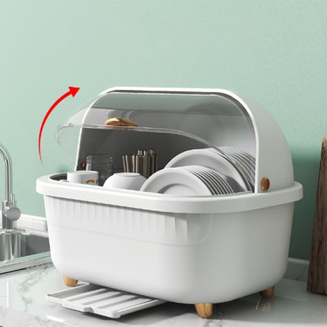 Aufbewahrungsbox für Schüsseln und Essstäbchen, Abtropfgestell mit Deckel, Geschirraufbewahrung, Box für Schüsseln und Teller, Haushaltsaufbewahrung, Küchenabtropfgestell, Geschirrabtropfgestell, weiß (1/5)
