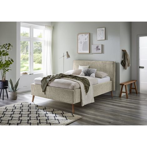 Meise Möbel Polsterbett Riva 140x200 cm Doppelbett Bettgestell Kopfteil mit Keder Webstoff Braun Holzfuß eichefarbig (1/5)