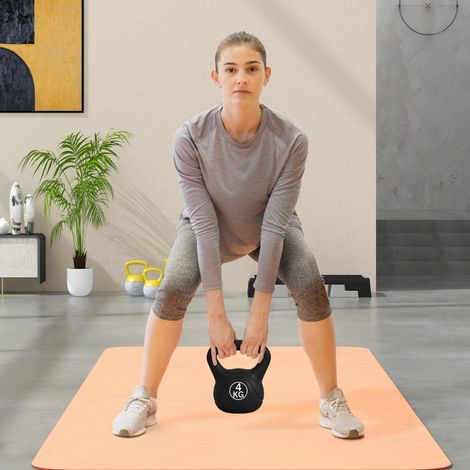 Kettlebell de 4 kg en plastique et sable, avec base plate et poignée, 18 x 12 x 20 cm, noir (1/5)