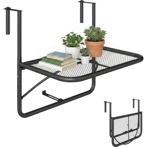 Table de balcon suspendue avec bras réglable et hauteur ajustable sur 3 positions, structure en métal, 60 x 56 x 50 cm, noire (1/4)