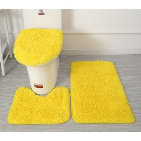 Lot de 3 tapis de bain microfibre jaunes, ensemble avec tapis profilé et housse siège toilette (1/5)