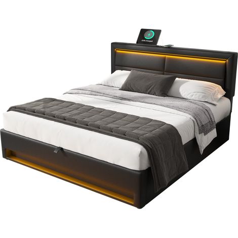 Lit rembourré 140 x 190 cm avec ports USB, éclairage LED 12 couleurs et rangement sous lit, design noir en cuir régénéré, sans matelas – CHICFURN (1/5)