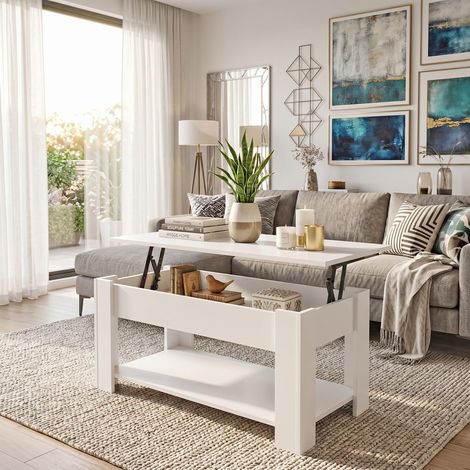 Le Quai Des Affaires – Table basse relevable UTAH 100x50cm – Plateau escamotable blanc – Dimensions 103.5x49x50 cm – Rangement intégré (1/5)