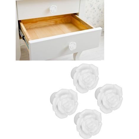 4 lots/chacun de poignées en céramique à motif de roses pour armoires et penderies, style dessin animé moulé à la main, style minimaliste moderne européen, blanc. (1/5)