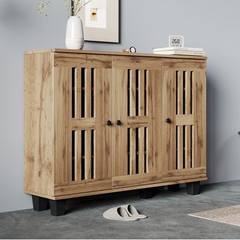 REDOM - Credenza 120x32x92 cm, 3 ante a doghe, 8 vani portaoggetti, truciolato, legno naturale (1/5)