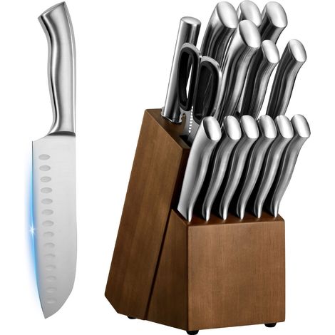 Ensemble de 15 couteaux de cuisine avec bloc en bois et fusil à aiguiser, acier inoxydable allemand à haute teneur en carbone, manches ergonomiques, coutellerie pour cuisiniers amateurs (1/5)