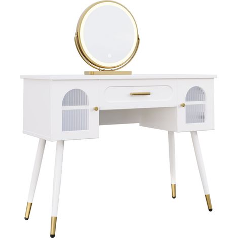 Tavolo da trucco LED con specchio, 1 cassetto e 2 ante, bianco e oro, 100 x 42 x 112 cm (1/5)