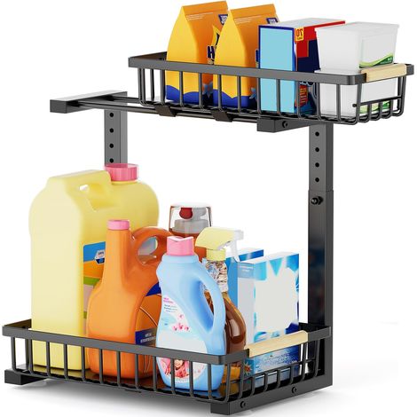 Rangement sous Évier en Métal, Étagère Coulissante sous Évier à 2 Niveaux, Organisateur sous Evier Réglable en Hauteur pour Cuisine, Salle de Bain (Noir) (1/5)