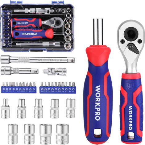 Coffret de Douilles et Embouts 34 Pièces, Mini Clés à Cliquet 1/4" Double Tête 2-en-1, Tournevis à Embouts Magnétique, 2 Rallonges et Joint Universel, Outils de Réparation pour Vélos Voitures (1/5)