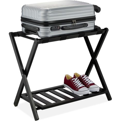 Relaxdays Luggage Stand, Foldable, Bamboo, HxWxD: 58.5 x 68.5 x 38 cm, Suitcase Rack with Shelf, Hotels & At-home, Black