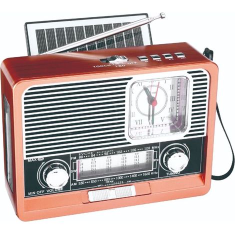Radio solaire vintage AM/FM/SW : Bluetooth, lecture TF/USB, horloge, lampe LED – Power bank 1200mAh, design classique,grain de bois (1/5)