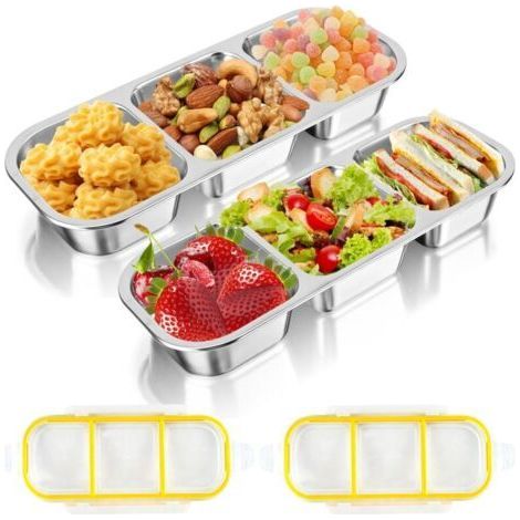 Lot de 2 boîtes à goûter avec compartiments - En acier inoxydable - Pour enfants - Avec 3 compartiments - Sans BPA - Pour bonbons, épices, noix, biscuits, légumes, école, travail (26,2 x 10,3 (1/5)