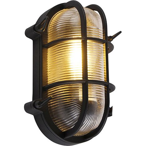 Qazqa – Applique murale et plafonnier industrielle noire ovale IP44 – Aluminium robuste – Intensité variable – Pour espaces humides et extérieurs