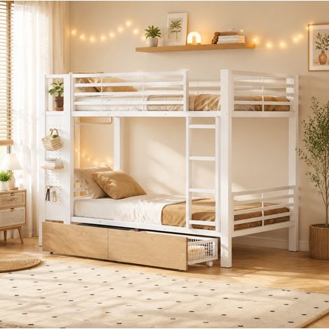 Litera 90 x 200 cm de metal y MDF con LED, 4 cajones, almacenamiento, blanco DESVIAE (1/5)