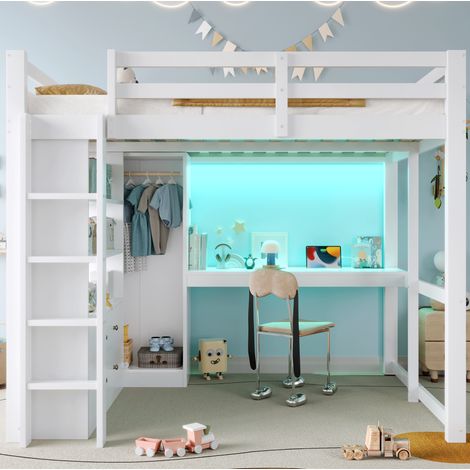 Lit mezzanine 140x200 cm avec bureau, 2 tiroirs et étagères, LED et ports USB, en bois, blanc, sans matelas (1/5)