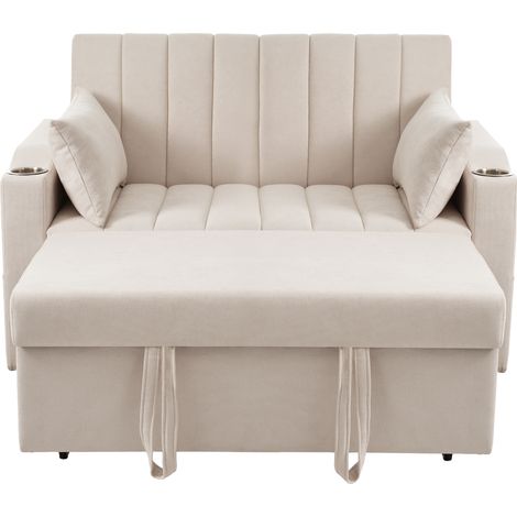 ELVMI Divano Letto 2 Posti con Schienale Regolabile, Portabicchieri e Tasche Laterali, in Lino di Cotone Beige (1/5)