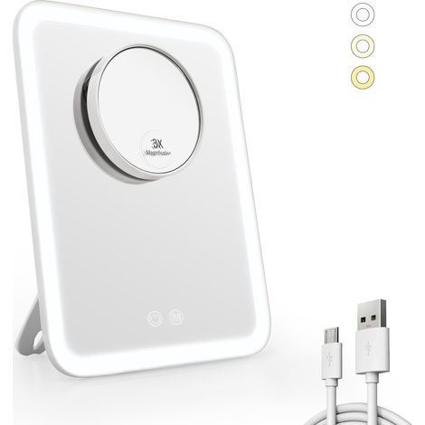 EMKE Kosmetikspiegel mit Beleuchtung, 3 Lichtfarben und 3X Fach Vergrößerungsspiegel Schminkspiegel mit licht-180° Drehbar USB Wiederaufladbar, Makeup Spiegel mit Vergrößerung
