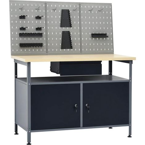 Banco da lavoro da 120 cm con 3 pannelli a parete e 1 armadio da officina tavolo da lavoro grigio nero 020003657