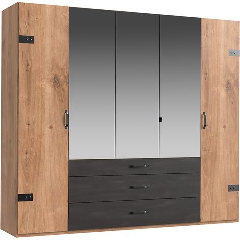 Kleiderschrank 5-trg., 250 cm, Eiche mit Stahl Nb., DAVENPORT-43 (1/5)