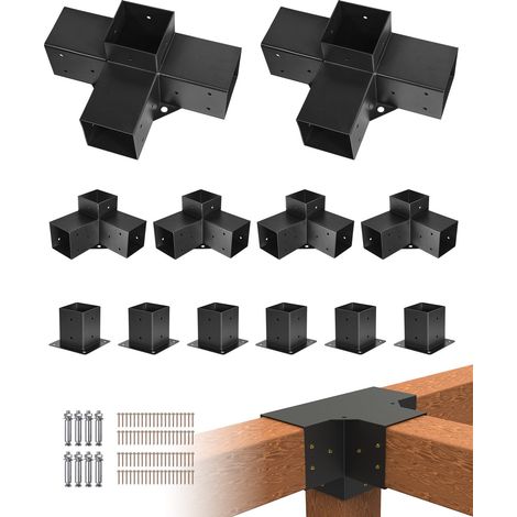 Kit Support de Pergola, Lot de 12, Support de Poteau Bois 92x92 mm, Supports d'Angle à 3 Voies, à 4 Voies, 6 Bases de Poteaux, pour Poutres Bois Standard à Toit Plat, Banquet Fête en Plein Air (1/5)