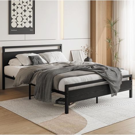 Lit 140x200 cm en MDF et métal noir avec rangement, pour petit espace, sans matelas – MEUBLIV (1/5)