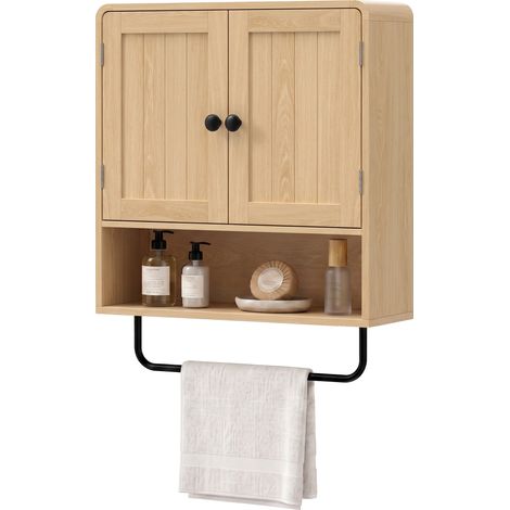 Armoire murale de salle de bain. meuble de rangement suspendu avec 2 portes. étagère ouverte et porte-serviettes. chêne. design moderne et gain de place (1/5)
