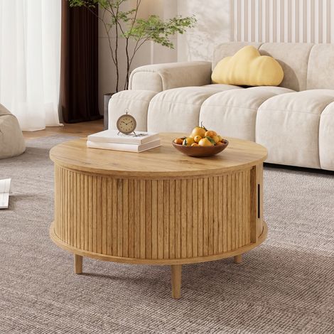 Table basse ronde 80x80x59 cm en MDF avec hauteur réglable, rangement, porte coulissante et lattes verticales - Chêne