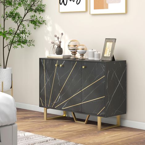 Credenza da soggiorno con 2 ante e ripiano interno regolabile, finitura effetto marmo, 107x35x75 cm, nero e oro. (1/5)