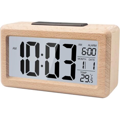 Réveil Digital Lumineux en Bois, LCD Grand Ecran Horloge Numérique, Reveil Matin Numerique avec Affichage Date Température, Réveil à Piles avec Fonction Snooze, pour Maison, Chambre, Bureau (1/5)